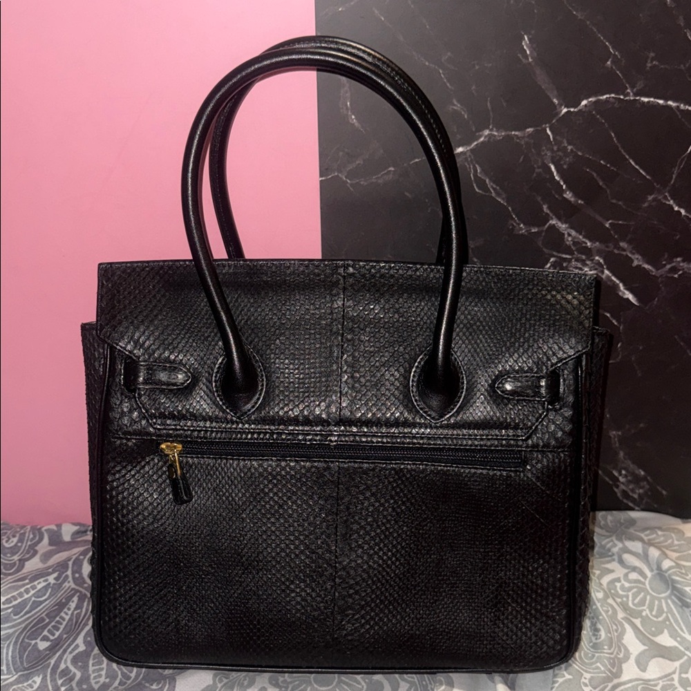 Structured Black Leather Satchel with Gold-Tone Hardware snake skin - Picture 12 of 16